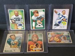 lot 105 image: 1951 Bowman football cards - Hart, Saenz, Dudley, Smith, Agase, and Geri
