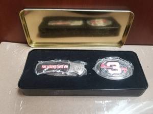 lot 71 image: Dale Earnhardt collectible knife and belt buckle set in metal tin