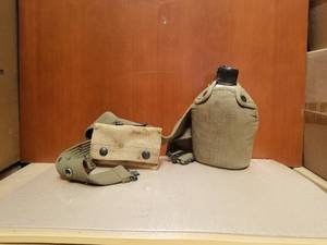 lot 159 image: Vintage Military canteen, belt and small pouch