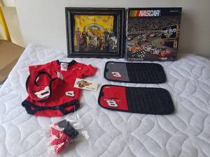 lot 239 image: Dale Earnhardt SR. and Jr. collectibles, cd holders, baby outfit, DVD game and framed drivers