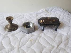 lot 283 image: Sterling silver and silverplated lot, butter dish with glass insert, and candlestick holders