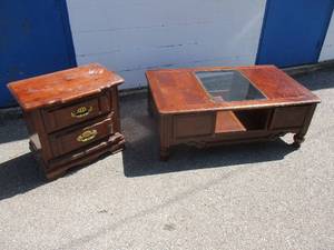 lot 9 image: Wood Coffee Table With Center Glass Top and 2- Front Drawers And A Night Stand