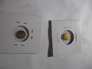 lot 20 image: 2-Fantasy Strikes-Replica 1865-Mini Gold Maximiliano Of Mexico 1mm-Coins, About 150-th. Of An Ounce. Note 2-X Money