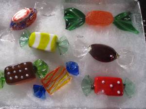 lot 35 image: Lot of 7-Hand Blown Glass Candy Shaped Ornaments