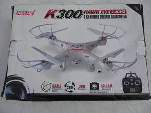 lot 42 image: Koome K-300 Hawk Eye 2.4 GHZ 4-Ch. Remote Control Quadcopter With HD Camera, Un-Tested