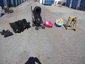 lot 99 image: Baby Lot- Including Stroller, Car seats, Chair, Bath Tub, and Sun bed, Note Some need light repair and or TLC