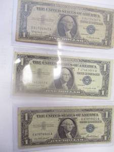 lot 80 image: 3-1957 One Dollar Silver Certificates, NOTE 3- X Money