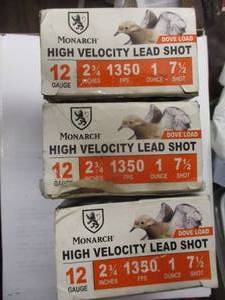 lot 154 image: 3-BOXES Of Monarch High Velocity 12-Ga. 7-12-shot Shotgun Shells, 25-Per Box, Note 3-X Money