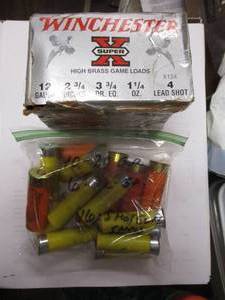 lot 156 image: 1-Box Of Winchester Super-X 12-Ga. #4 lead shot Shotgun Shells, 25-Per Box, and 1- bag of 10-20-Ga and 6-12Ga. Shotgun shells