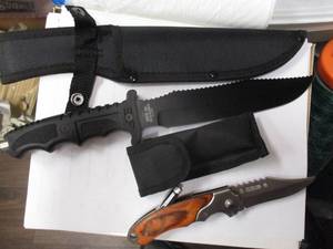 lot 168 image: 2-Knifes, 1-SURVIVOR HK- 718 Hunting Knife In Sheath And 1-Switchblade With Flashlight And Sheath 2-X Money