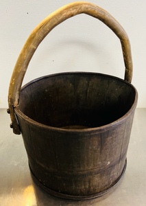 lot 22 image: Antique Wooden Well Bucket wBent Wood Handle&nbsp