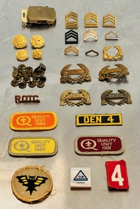 lot 46 image: &nbspLot of Military Chevron Rank Collar Pins, Brass Belt Buckle, Uniform Buttons, ROTC Pins, and Boy Scout Patches