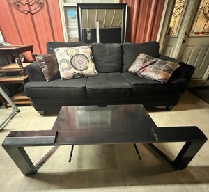 lot 65 image: Living Room Set wBlack Sofa, TV Stand, Mirror, and Throw Pillows