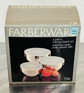 lot 90 image: NEW Faberware 3 Piece Mixing Bowl Set - Stainless Steel wPlastic Lids