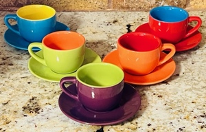 lot 152 image: Five 2 Hand Glazed BIA Multi-Colored Teacups wSaucers