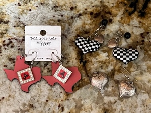 lot 161 image: 3 Pair of Earrings - 1 New Tell Your Tale TexasTexas Tech, 2 Heart Shaped&nbsp