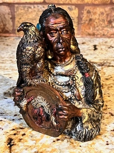 lot 199 image: 6.5 Youngs Inc. Wooden Sculpture of Indian &amp Hawk