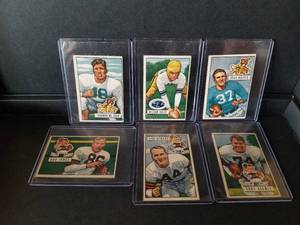 lot 160 image: 1951 Bowman Football cards - McGraw, Walsh, Walker, Jones, Rymkus, and Adamle