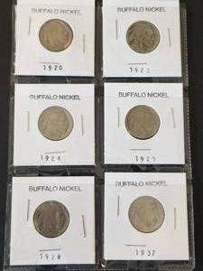 lot 22 image: Selection of Buffalo Nickels - 1920, 1923, 1924, 1925, 1928, and 1937