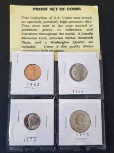 lot 31 image: Proof Set of Coins - 1962 Lincoln memorial penny, 1964 Jefferson Nickel, 1978 Roosevelt Dime, and 1973 Washington Quarter