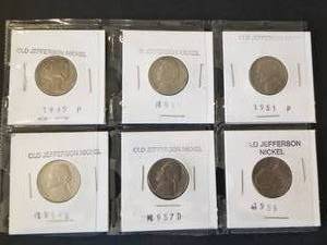 lot 74 image: Selection of vintage Jefferson Nickels - 1940P, 1941, 1951P, 1954D, 1957D, and 1959