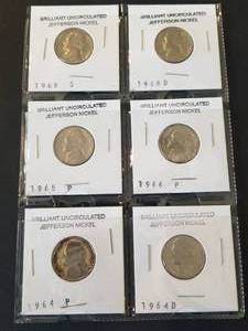 lot 80 image: Selection of Brilliant Uncirculated Jefferson Nickels - 1968S, 1968D, 1965P, 1966P, 1964P, and 1964D