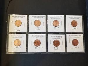 lot 90 image: Brilliant uncirculated vintage Lincoln cents - 1959, 1960, 1962, 1963, 1973D, 1974P, 1981, and 2008