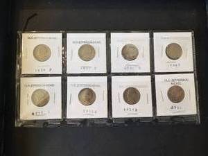 lot 96 image: Selection of vintage Jefferson Nickels - 1939P, 1941P, 1947S, 1948D, 1952S, and 1953D, 1954D, and 1959