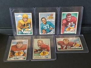 lot 32 image: 1951 Bowman Football cards - Wildung, Walker, Nomellini, Standlee, Soltau, and Fischer