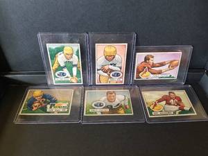 lot 58 image: 1951 Bowman Football cards - Walsh, Rogel, Polsfoot, Reid, Stautner, and Nussbaumer