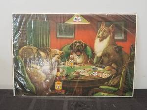 lot 41 image: Vintage Shiner Beer advertisement sign - Dogs playing cards - 10by 14