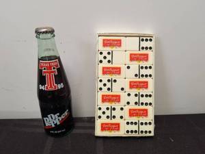 lot 85 image: Dr. Pepper collectibles - 9495 Texas Tech bottle and set of Marblelike Dominoes - Made in the USA