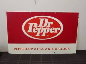 lot 114 image: Vintage Dr. Pepper metal 10, 2 & 4 O Clock metal advertising sign - 15 by 25