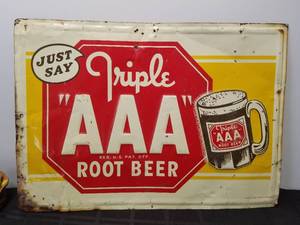 lot 120 image: Vintage Triple AAA Root Beer advertising metal sign -  20by 28