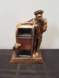 lot 76 image: Vintage bronze Delivering the Mail bank with key - Made in USA