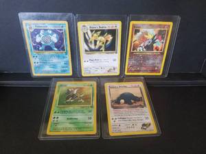 lot 249 image: Selection of 6 Pokmon cards - Poliwrath, Blaines Dodrio, Entei, Pinsir, and Rockets Snorlax
