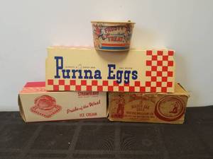 lot 175 image: Vintage Purina Egg carton, Pride of the West ice cream, mason jar lids, and Frosty Treat - great advertisement collectible