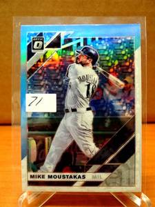 lot 71 image: 2019 Donruss Optic Mike Moustakas Carolina Blue & White PRIZM SP #186