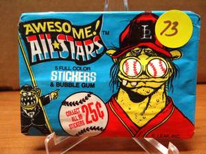 lot 73 image: SEALED 1988 LEAF AWESOME ALL-STARS 1 WAX Pack 5 Full Color Stickers  STICK of Gum