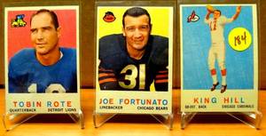 lot 184 image: VINTAGE LOT  1959 TOPPS FOOTBALL - TOBIN ROTE #170, JOE FORTUNATA #106, & KING HILL #117