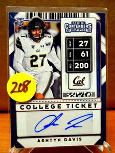 lot 208 image: ROOKIE AUTO - 2020 Contenders Draft Pick Ashtyn Davis RC Auto Jets Rookie SP BLUE DRAFT TICKET $$