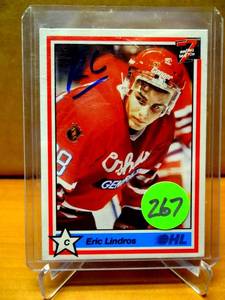 lot 267 image: ROOKIE CARD - Eric Lindros, 1991 7th Inning Sketch RC Hockey card # 1 Oshawa Generals $
