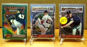 lot 277 image: TOPPS FINEST LOT - 1993 Finest #166 John Smoltz, Dennis Eckersley 1993 Topps Finest ALL STARS #100, & Randy Johnson #154 Seattle Mariners