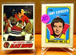 lot 351 image: 1977 Topps #170 Tony Esposito Blackhawks & 1971-72 Topps The Tony Esposito Story Hockey Booklet #13 $$