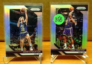 lot 358 image: SILVER PRIZM SUPERSTAR TEAMMATES - 2018-19 Panini Prizm Silver Prizm John Stockton #185 & Karl Malone#75 - Utah Jazz $$