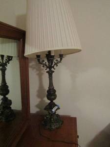 lot 13 image: Cast iron 41 tall lamp with shade candlestick bulb holders