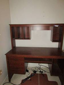 lot 17 image: Cherry wood desk with pullout keyboard shelf, 2 drawers, open storage 58x53x24