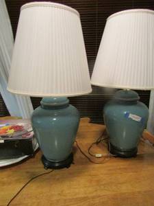 lot 28 image: 2 sky blue lamps with shades work great