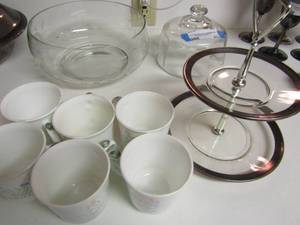 lot 41 image: 6 Corningware coffee cups, small cake cover 4x9 cut glass bowl wheat design