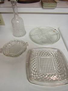 lot 45 image: Star cut decanter, 3 tier glass serving pieces and 2 glass servers